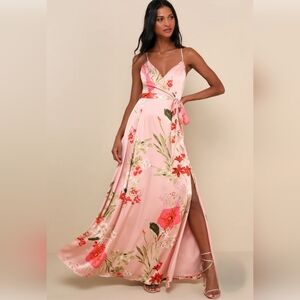 Lulus - Still The One Blush Pink Floral Blush Pink Satin Maxi Dress- Size XS